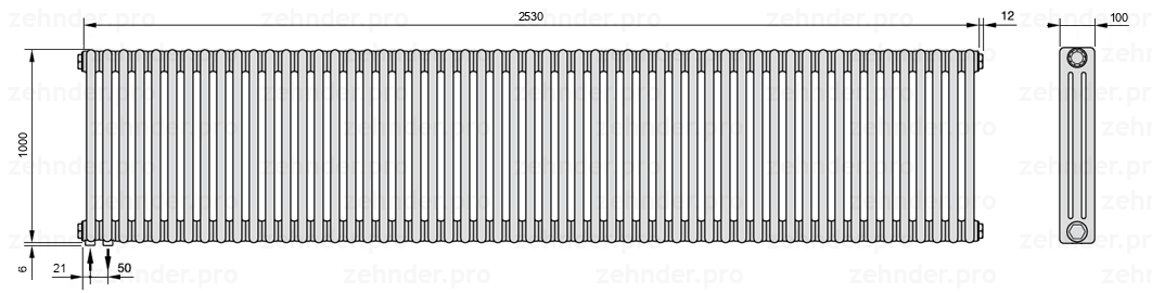 Схема (чертеж) Радиатор Zehnder Charleston 3100/55 №3370 Белый глянцевый RAL 9016